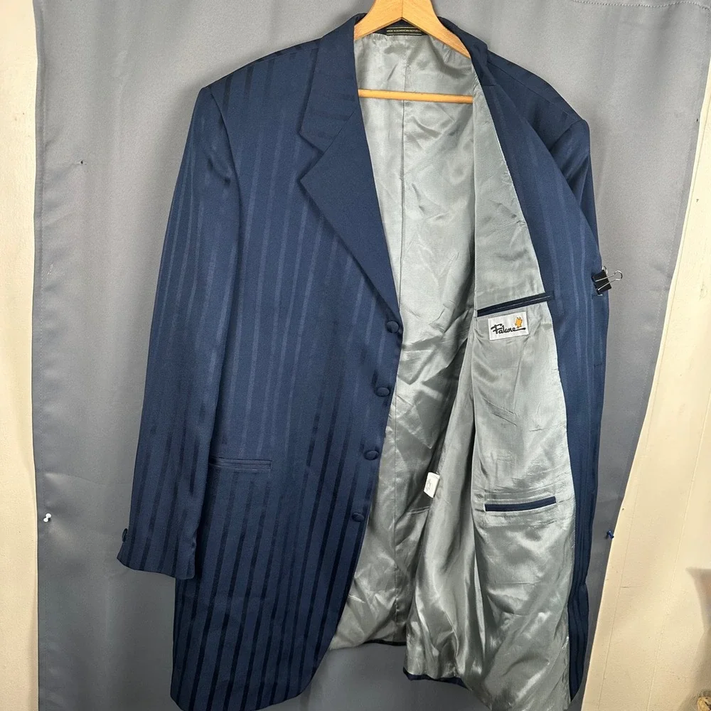 Falcone Curtis Mens 50 Long Navy Blue Pinstripe 3-Button Longline Blazer Jacket